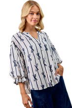Load image into Gallery viewer, BiBi Bow Ribbon Printed Woven Bubble Sleeves Top