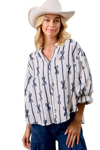 Load image into Gallery viewer, BiBi Bow Ribbon Printed Woven Bubble Sleeves Top