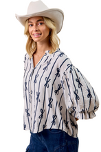 Load image into Gallery viewer, BiBi Bow Ribbon Printed Woven Bubble Sleeves Top