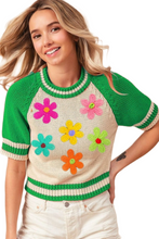 Load image into Gallery viewer, BiBi Crochet Flower Patches Striped Rib Band Sweater