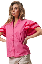 Load image into Gallery viewer, BiBi Dot Trim Flutter Sleeve Notched Top