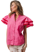 Load image into Gallery viewer, BiBi Dot Trim Flutter Sleeve Notched Top