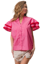 Load image into Gallery viewer, BiBi Dot Trim Flutter Sleeve Notched Top
