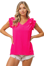 Load image into Gallery viewer, BiBi Layered Ruffles Armhole V-neck Rib Textured Top