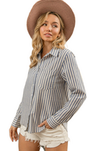 Load image into Gallery viewer, BiBi Lurex Linen Stripe Shirt Button Down Top