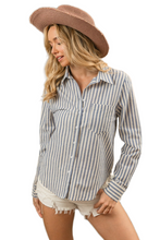 Load image into Gallery viewer, BiBi Lurex Linen Stripe Shirt Button Down Top