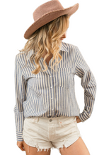 Load image into Gallery viewer, BiBi Lurex Linen Stripe Shirt Button Down Top