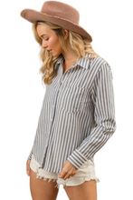 Load image into Gallery viewer, BiBi Lurex Linen Stripe Shirt Button Down Top