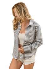 Load image into Gallery viewer, BiBi Lurex Linen Stripe Shirt Button Down Top