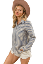 Load image into Gallery viewer, BiBi Lurex Linen Stripe Shirt Button Down Top