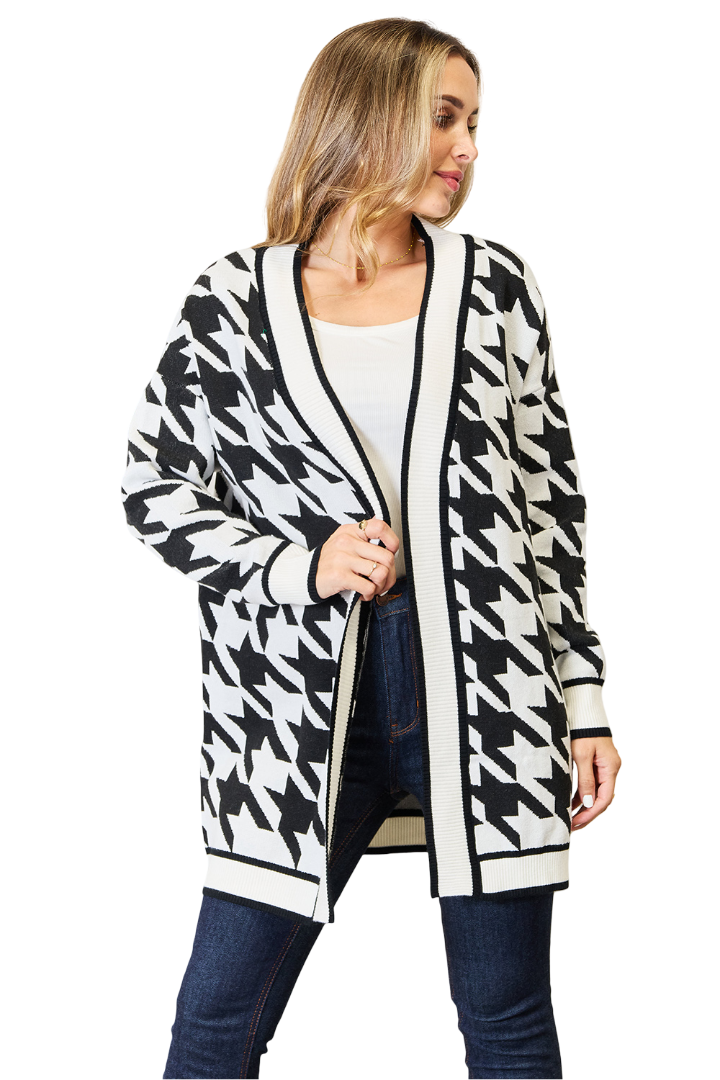 Mandy Woven Right Houndstooth Open Front Longline Cardigan