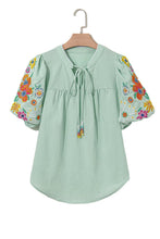 Load image into Gallery viewer, Clearly Aqua Floral Embroidered Puff Sleeve Split Neck Blouse
