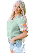 Load image into Gallery viewer, Clearly Aqua Floral Embroidered Puff Sleeve Split Neck Blouse
