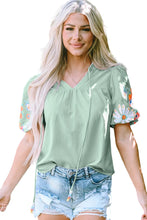 Load image into Gallery viewer, Clearly Aqua Floral Embroidered Puff Sleeve Split Neck Blouse
