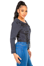 Load image into Gallery viewer, American Bazi Off Shoulder Lace Up Denim Jacket
