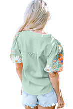 Load image into Gallery viewer, Clearly Aqua Floral Embroidered Puff Sleeve Split Neck Blouse
