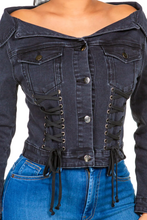Load image into Gallery viewer, American Bazi Off Shoulder Lace Up Denim Jacket
