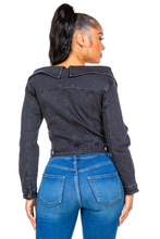 Load image into Gallery viewer, American Bazi Off Shoulder Lace Up Denim Jacket
