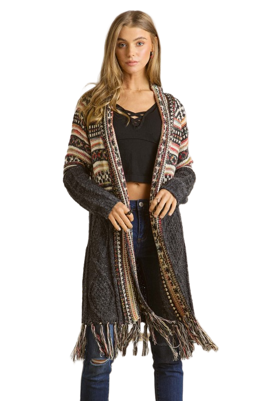 ADORA Full Size Fringe Hem Aztec Cardigan Plus Size