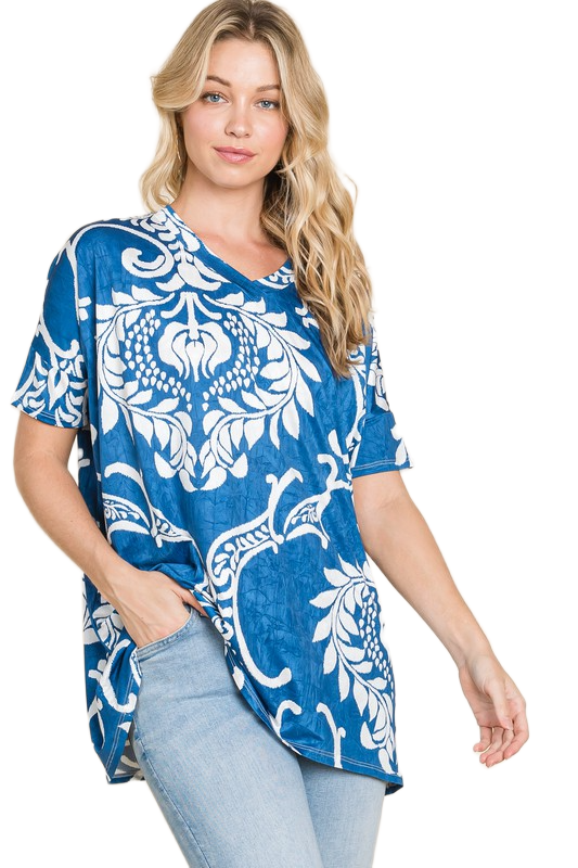 BOMBOM Printed Relaxed V-Neck Tunic Top