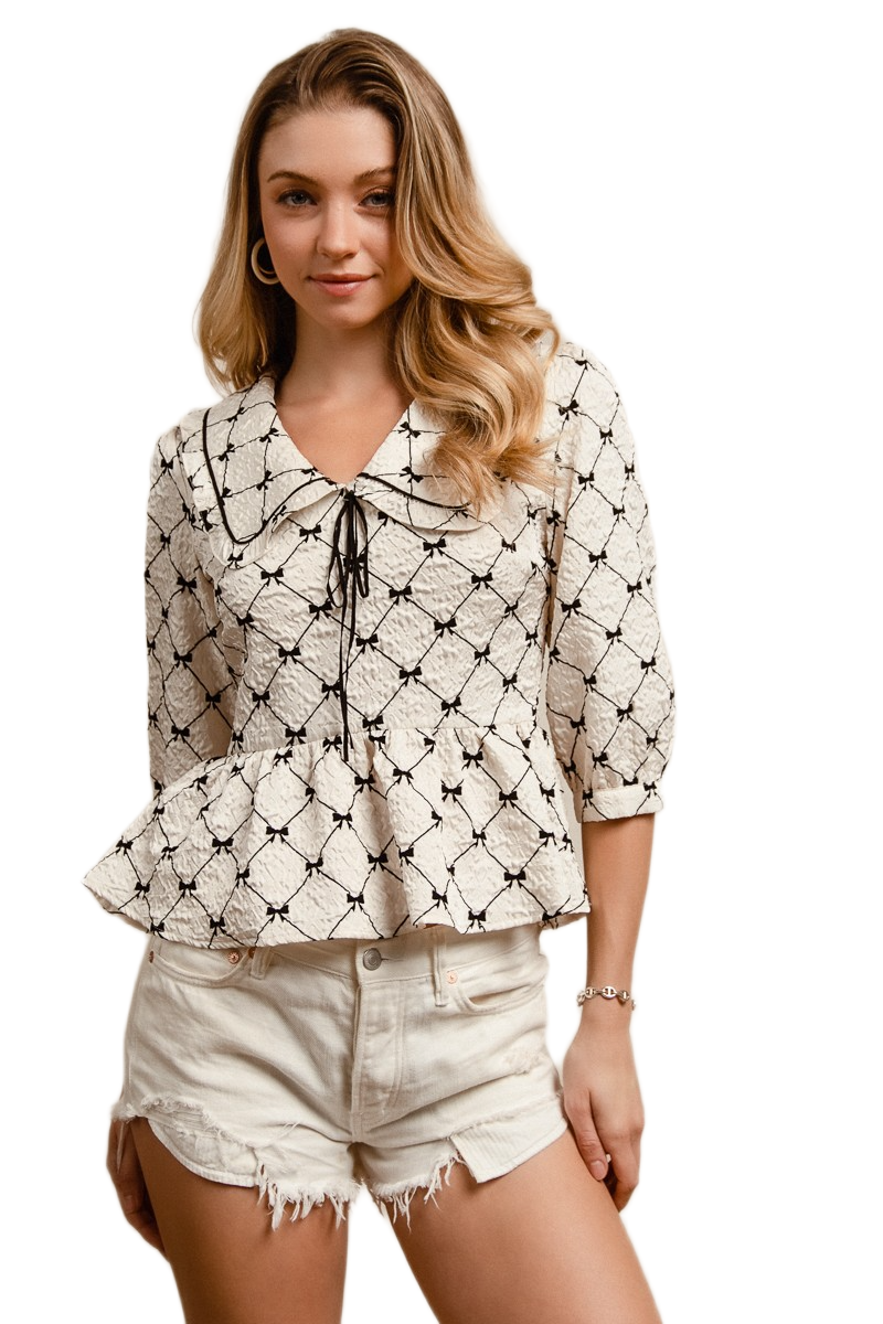BiBi Bow Prints-patterns Ruffle Collar Details Peplum Top