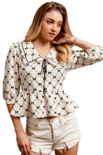 Load image into Gallery viewer, BiBi Bow Prints-patterns Ruffle Collar Details Peplum Top
