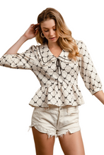 Load image into Gallery viewer, BiBi Bow Prints-patterns Ruffle Collar Details Peplum Top
