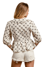 Load image into Gallery viewer, BiBi Bow Prints-patterns Ruffle Collar Details Peplum Top

