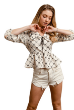 Load image into Gallery viewer, BiBi Bow Prints-patterns Ruffle Collar Details Peplum Top
