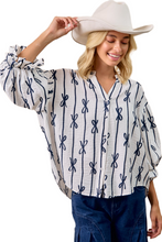 Load image into Gallery viewer, BiBi Bow Ribbon Printed Woven Bubble Sleeves Top
