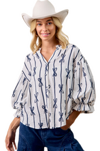 Load image into Gallery viewer, BiBi Bow Ribbon Printed Woven Bubble Sleeves Top
