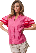 Load image into Gallery viewer, BiBi Dot Trim Flutter Sleeve Notched Top
