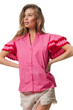 Load image into Gallery viewer, BiBi Dot Trim Flutter Sleeve Notched Top
