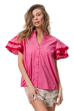 Load image into Gallery viewer, BiBi Dot Trim Flutter Sleeve Notched Top

