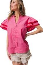 Load image into Gallery viewer, BiBi Dot Trim Flutter Sleeve Notched Top
