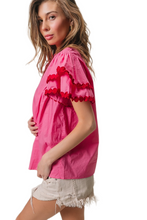 Load image into Gallery viewer, BiBi Dot Trim Flutter Sleeve Notched Top

