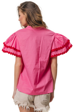 Load image into Gallery viewer, BiBi Dot Trim Flutter Sleeve Notched Top
