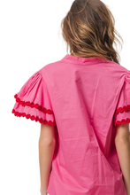 Load image into Gallery viewer, BiBi Dot Trim Flutter Sleeve Notched Top
