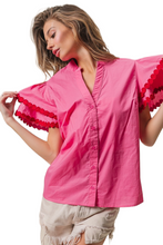 Load image into Gallery viewer, BiBi Dot Trim Flutter Sleeve Notched Top

