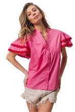 Load image into Gallery viewer, BiBi Dot Trim Flutter Sleeve Notched Top
