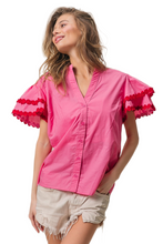 Load image into Gallery viewer, BiBi Dot Trim Flutter Sleeve Notched Top
