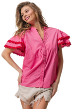 Load image into Gallery viewer, BiBi Dot Trim Flutter Sleeve Notched Top

