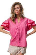 Load image into Gallery viewer, BiBi Dot Trim Flutter Sleeve Notched Top
