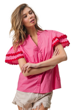Load image into Gallery viewer, BiBi Dot Trim Flutter Sleeve Notched Top
