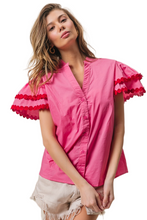 Load image into Gallery viewer, BiBi Dot Trim Flutter Sleeve Notched Top
