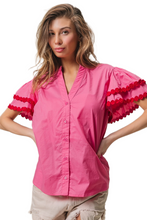 Load image into Gallery viewer, BiBi Dot Trim Flutter Sleeve Notched Top
