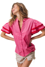 Load image into Gallery viewer, BiBi Dot Trim Flutter Sleeve Notched Top
