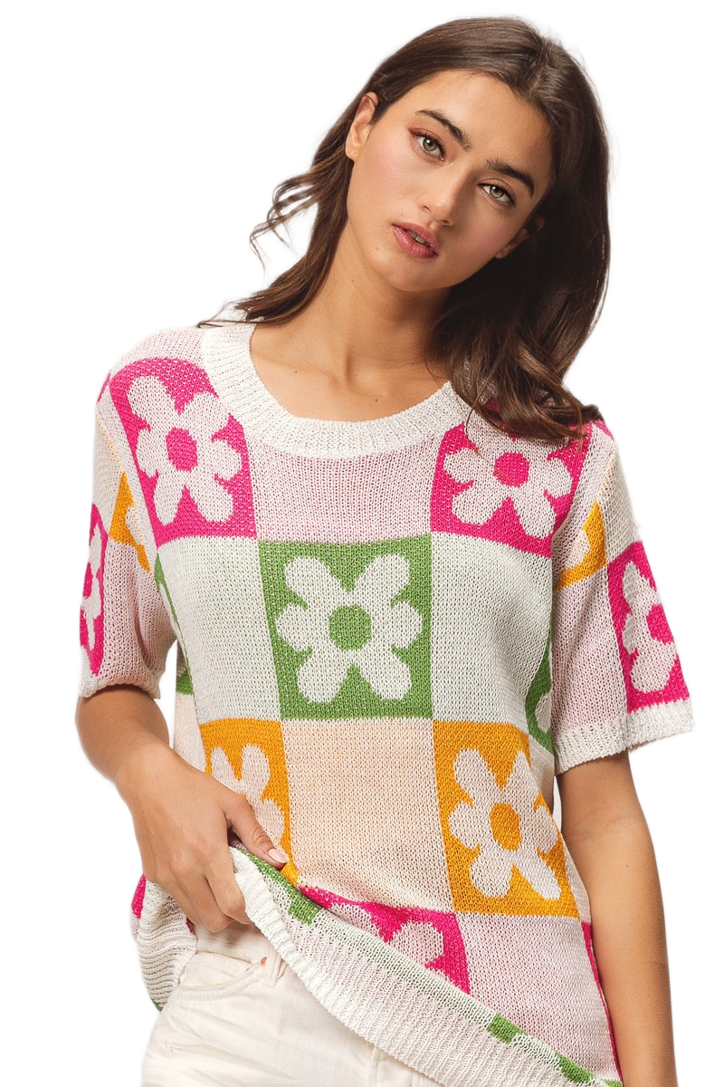 BiBi Flower Checker Pattern Lightweight Sweater Top
