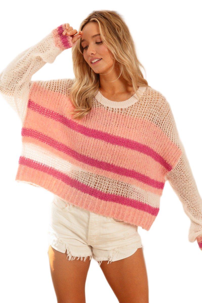 BiBi Hollow Out Yoke Detail Striped Sweater