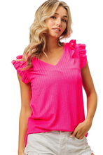 Load image into Gallery viewer, BiBi Layered Ruffles Armhole V-neck Rib Textured Top

